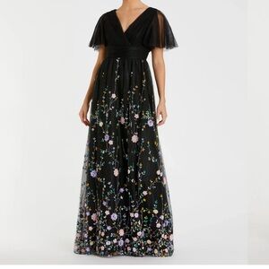 Mac Duggal Black Embroidered Butterfly Sleeve Empire Waist Dress